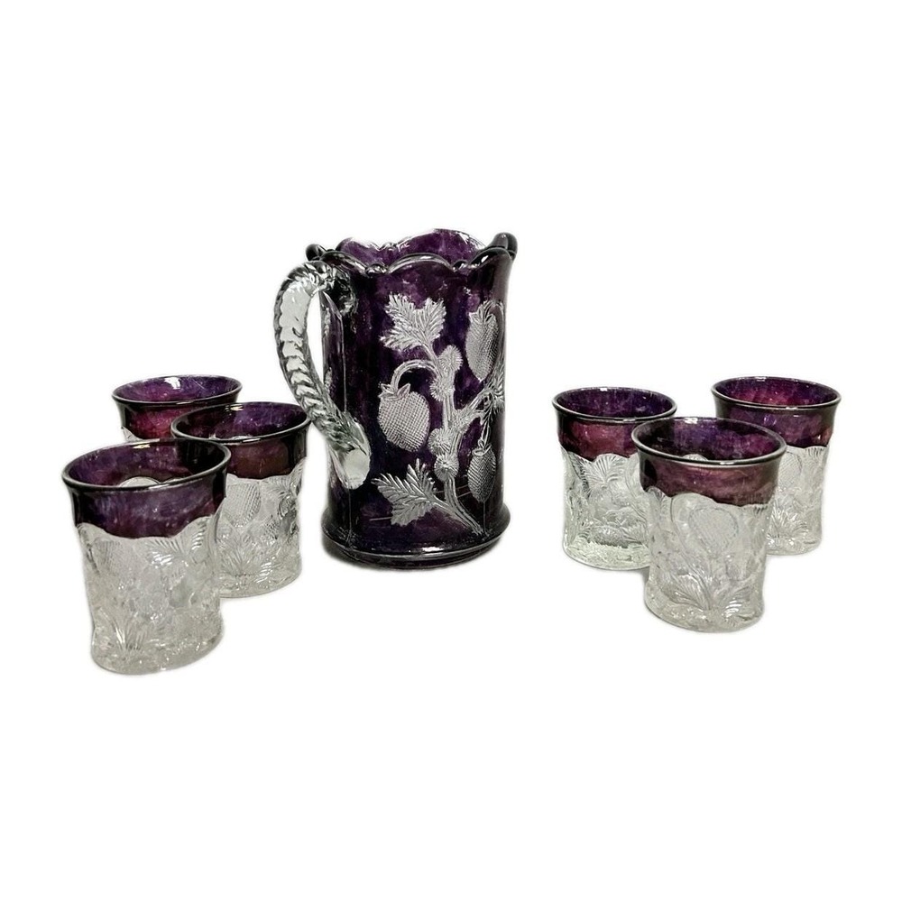 Antique Cambridge Glass Inverted Strawberry Pitcher and 6 Tumbler Set